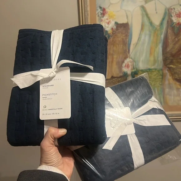 Pottery Barn pick stitch standard shams. Two navy blue unopened shams